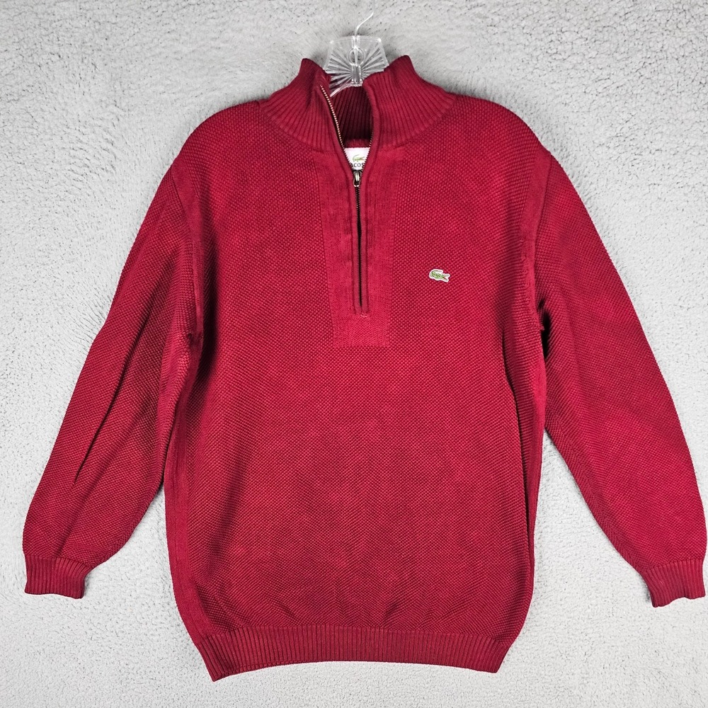 Lacoste Sweater Mens 5 Red Knitted Ribbed Hem‎ Raglan Sleeve 1/4 Zip Pullover